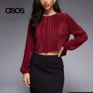 Sz 4 ASOS Design Plisse Wine Red Burgundy Long Sleeve Blouse